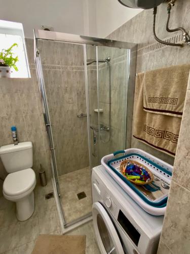 a bathroom with a shower and a toilet and a washing machine at Gallery Apartments in Lixouri