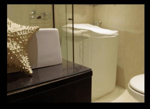 y baño con aseo, lavabo y espejo. en Copacabana Vista Mar Studio, en Río de Janeiro