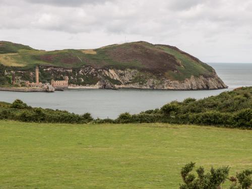 an island in a body of water with a green field at Porthwen Lodge in Amlwch