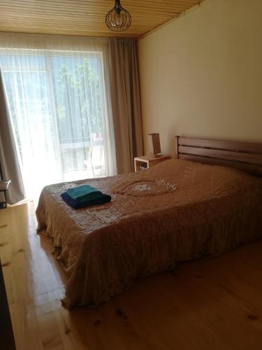 a bedroom with a bed and a large window at Little house Katia Mestia in Mestia