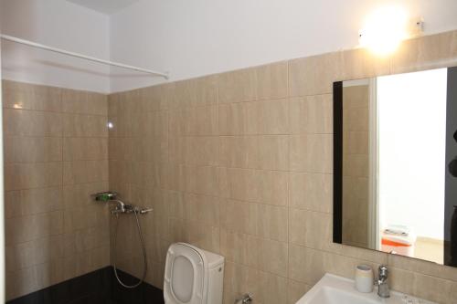 a bathroom with a toilet and a sink and a mirror at St George Village in Batsi