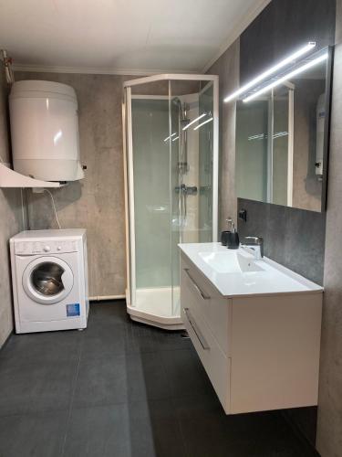a bathroom with a sink and a washing machine at Parken Terrasse Apartment Hotel in Kopervik