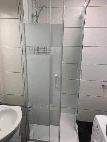 uma cabina de duche em vidro na casa de banho com um lavatório em Neue und zentral gelegene Wohnung in Stuttgart em Stuttgart