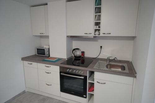 uma pequena cozinha com armários brancos e um lavatório em Neue und zentral gelegene Wohnung in Stuttgart em Stuttgart