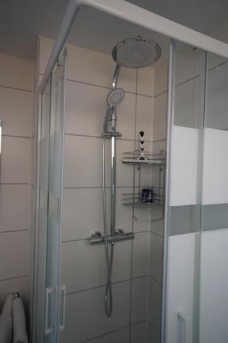 um chuveiro com uma porta de vidro na casa de banho em Neue und zentral gelegene Wohnung in Stuttgart em Stuttgart