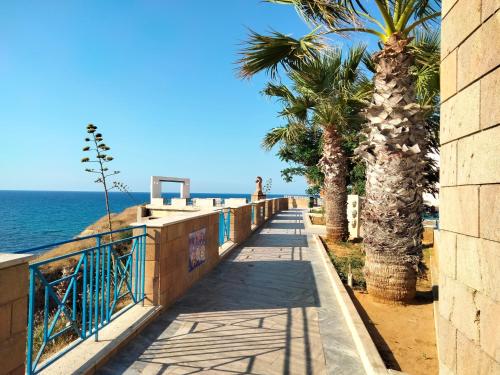 una pasarela a lo largo de la playa con palmeras y el océano en Finestra sul Mare di Alessandro, en Balestrate