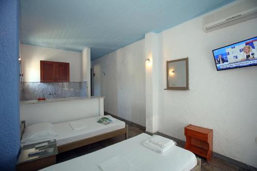 um quarto com duas camas e uma televisão na parede em St George Studios & Apartments em Batsi
