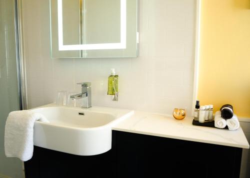a bathroom with a white sink and a mirror at Gresham Court in Torquay