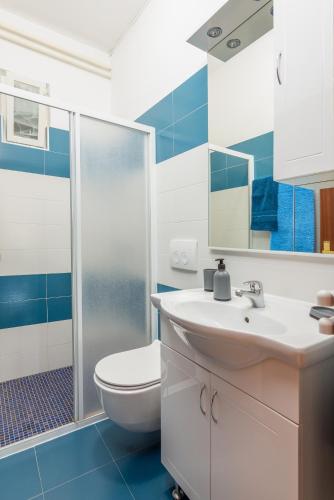 a bathroom with a toilet and a sink and a shower at Apartments with parking space Medulin - 7657 in Medulin