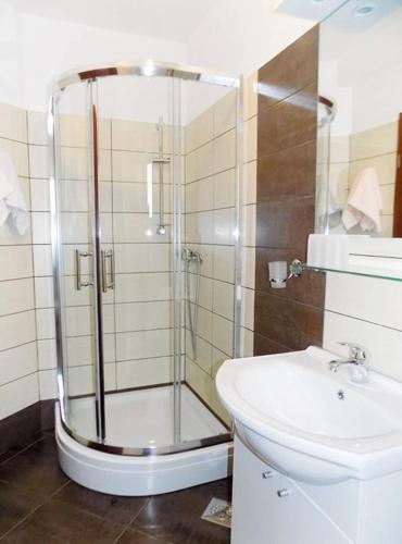 a bathroom with a shower and a sink at Studio Moscenice 7689c in Mošćenička Draga