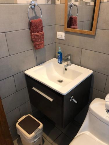 ein Bad mit einem Waschbecken und einem WC in der Unterkunft Pet Friendly - WFH Beach House in Potrero