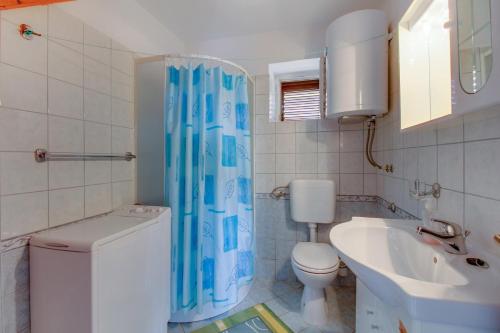 ein Badezimmer mit einem blauen Duschvorhang und einem Waschbecken in der Unterkunft Apartments with a parking space Mali Losinj (Losinj) - 8053 in Mali Lošinj