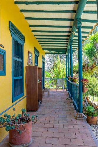 a porch of a yellow house with blue columns and potted plants at FINCA COCUYAL Hospedaje típico paisa in Rionegro