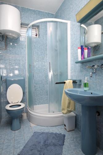 a bathroom with a shower and a toilet and a sink at Apartments by the sea Kneza, Korcula - 9164 in Pupnat