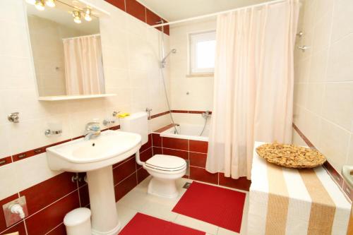 Apartments by the sea Lumbarda, Korcula - 9260 في لومباردا: حمام به مرحاض أبيض ومغسلة