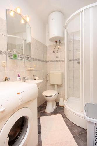 a bathroom with a washing machine and a sink and a toilet at Apartments by the sea Brna, Korcula - 9293 in Smokvica