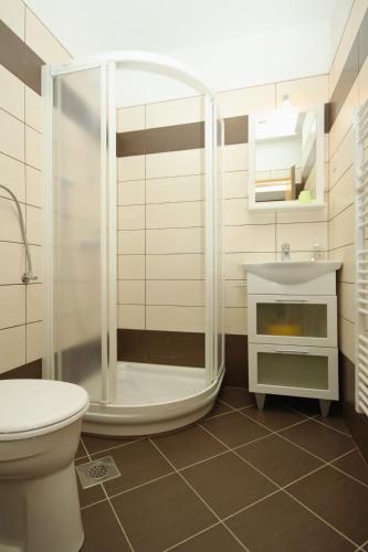 a bathroom with a shower and a toilet and a sink at Apartments by the sea Lumbarda, Korcula - 9304 in Lumbarda