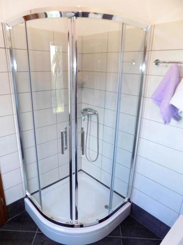 a shower with a glass door in a bathroom at Apartments with parking space Moscenice, Opatija - 7689 in Mošćenička Draga