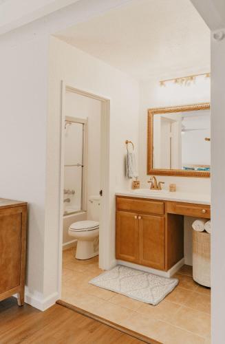 a bathroom with a sink and a toilet and a mirror at Puamana Maluhia - Two Bedroom / Two Bath Condo in Princeville