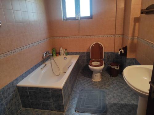 uma casa de banho com uma banheira, um WC e um lavatório. em Niforeika panorama em Kato Achaia