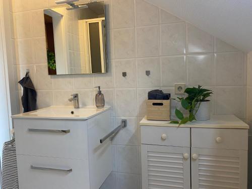 a bathroom with a sink and a mirror at Möblierte Wohnung 4 Zimmer Wohnung in Schloß Holte-Stukenbrock
