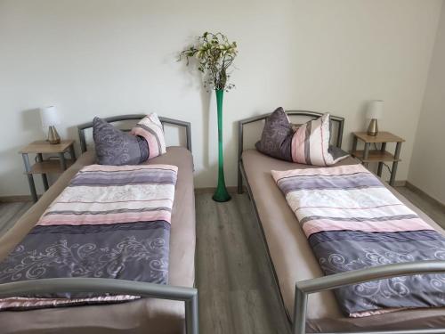 2 Betten nebeneinander in einem Zimmer in der Unterkunft Land,Wald und Wiese in Jürgenstorf