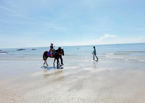 a couple of people riding horses on the beach at Thipurai City Hotel in Hua Hin