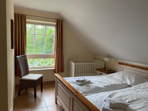 a bedroom with a bed and a chair and a window at Ferienhaus Mein Panama in Zingst
