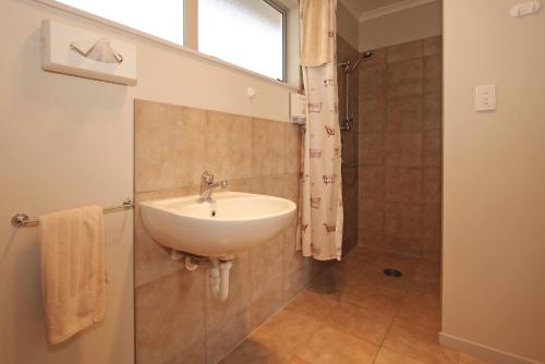 a bathroom with a sink and a shower at Big Five Motel in Palmerston North
