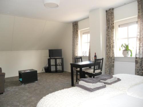 a bedroom with a bed and a desk and a television at Gezond Boeren Verstand in Dalerveen