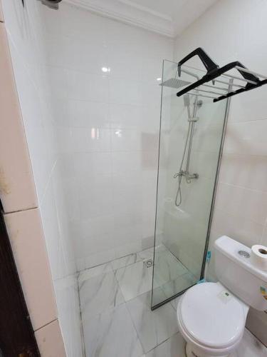 a bathroom with a toilet and a glass shower at Lovely 2-Bedroom rental unit with amenities. in Abuja