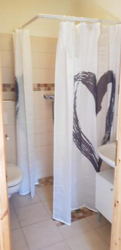 ein Bad mit einem WC und einem Duschvorhang in der Unterkunft Neumühle Ferienwohnung 2 in Lutzerath
