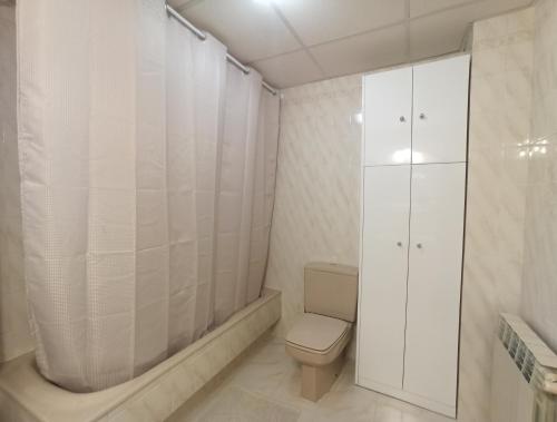 a white bathroom with a toilet and a shower at Casa Patrick in Beceite