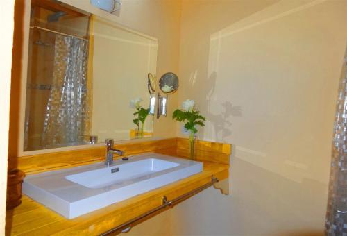 een badkamer met een witte wastafel en een spiegel bij Can Alexander - Llucmajor in Llucmajor