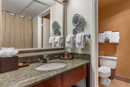 a bathroom with a sink and a toilet and a mirror at Best Western Plus Garden Court Inn in Fremont