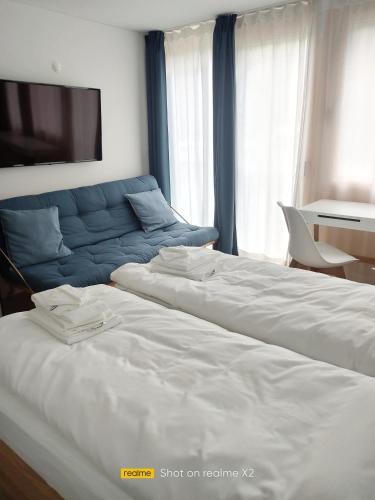 - une chambre avec 2 lits et un canapé bleu dans l'établissement Herberge Balmweid 1, à Meiringen