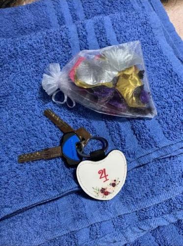 a blue towel with a pair of scissors and a tag at Tenuta il Giardino di Eros in Albanella