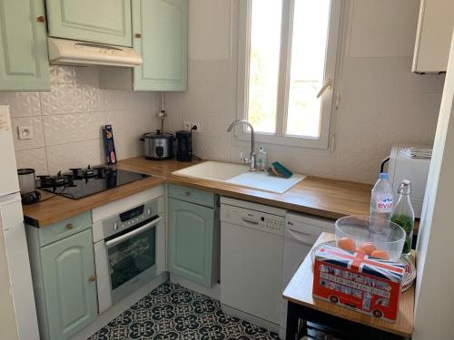 Elle comprend une petite cuisine avec des placards verts et un évier. dans l'établissement Appartement tout confort à 10 min de La Défense, à Colombes
