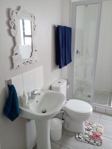 a bathroom with a sink and a toilet and a mirror at @ the reef Holiday Home in St. Helena Bay