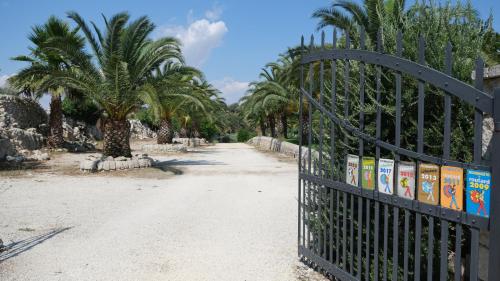 an iron gate with palm trees in the background at Tenuta Aguglia in Noto