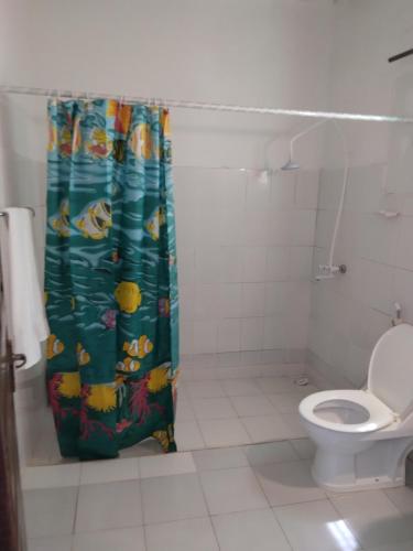 a bathroom with a toilet and a shower curtain at Coconut Tree Village Beach Resort in Uroa
