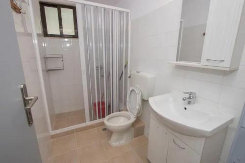 uma casa de banho com um WC, um chuveiro e um lavatório. em Vasileiou Apartments em Kamena Vourla