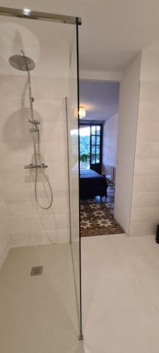 une salle de bain avec une douche avec une porte vitrée dans l'établissement Magnifique maison en coeur de Balazuc, proche plages ardèche, à Balazuc