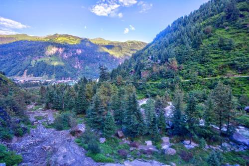 an aerial view of a mountain valley with trees at Baan by Snow City Farm in Vashisht