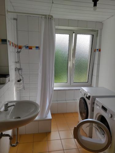 a bathroom with a toilet and a sink and a washing machine at Ferienhaus Erna in Doberlug-Kirchhain