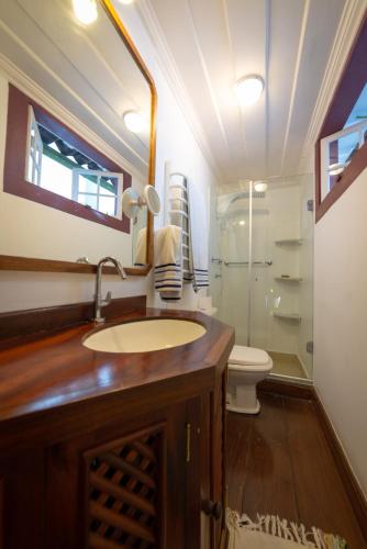 a bathroom with a sink and a toilet and a mirror at Casa Duas Suítes no Centro Histórico in Paraty