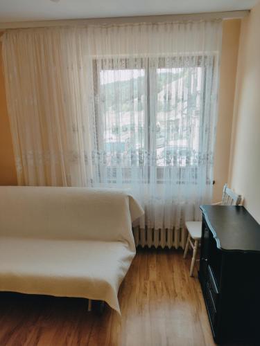 1 dormitorio con cama y ventana en Agroturystyka w dolinie, en Żegiestów