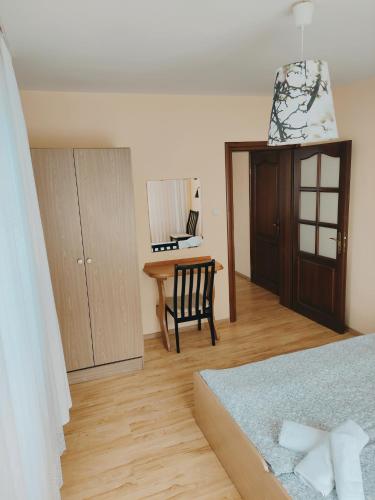 a bedroom with a bed and a desk with a chair at Agroturystyka w dolinie in Żegiestów