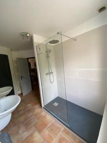 La salle de bains est pourvue d'une douche en verre et de toilettes. dans l'établissement Eden, au Thor