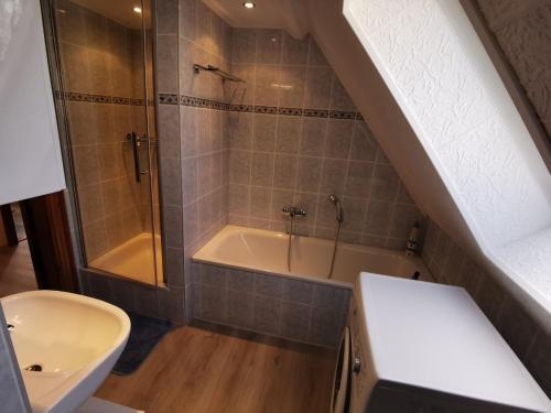 a bathroom with a shower and a sink and a tub at FewoQuido 2 in Königsee